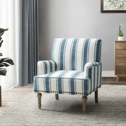Kirkland's Home Accent Chairs-Blue White Stripe Upholstered Accent Chair