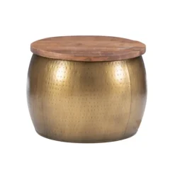 Kirkland's Home Coffee Tables-Brass Hammered Drum Storage Coffee Table
