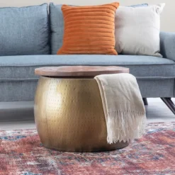 Kirkland's Home Coffee Tables-Brass Hammered Drum Storage Coffee Table