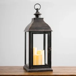 Kirkland's Home Lanterns-Bronze Plastic Lantern With Led Pillar Candles