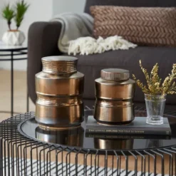 Kirkland's Home Decorative Bowls & Jars-Bronze Ribbed Ceramic Jars, Set Of 2