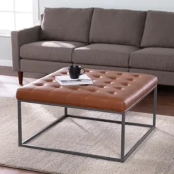 Kirkland's Home Benches & Ottomans-Brown Button Tufted Faux Leather Ottoman