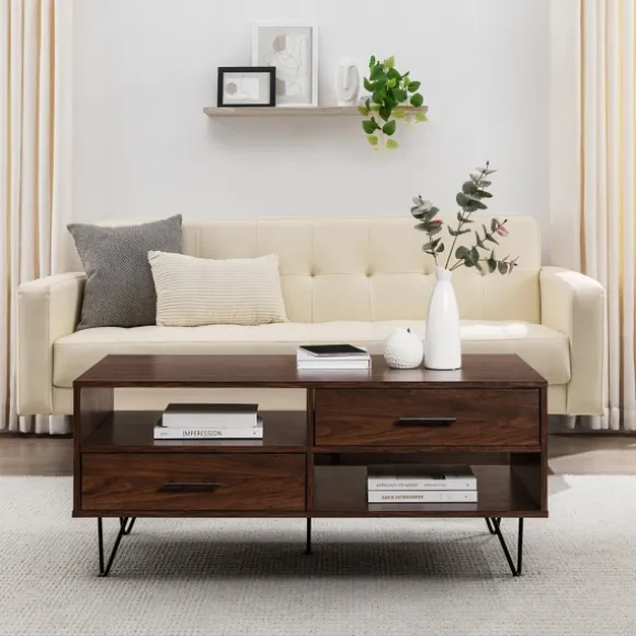 Kirkland's Home Coffee Tables-Brown Wood & Black Metal Hairpin Legs Coffee Table