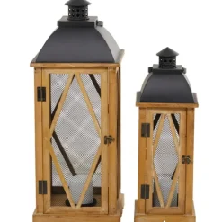 Kirkland's Home Lanterns-Brown Wood And Black Mesh Lanterns, Set Of 2