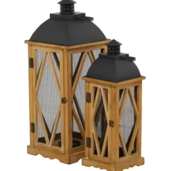 Kirkland's Home Lanterns-Brown Wood And Black Mesh Lanterns, Set Of 2