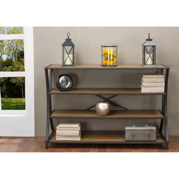 Kirkland's Home Console Tables-Brown Wood And Curved Metal 4-Tier Console Table