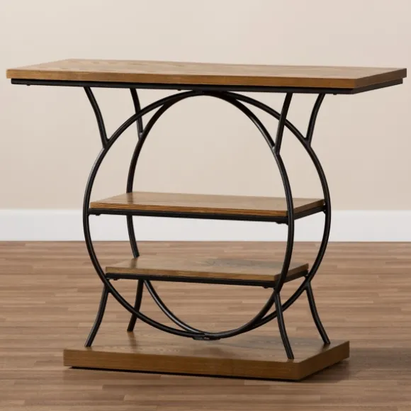Kirkland's Home Console Tables-Brown Wood And Metal Circle Center Console Table
