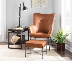 Kirkland's Home Accent Chairs-Camel Faux Leather 2-Pc. Chair And Ottoman Set