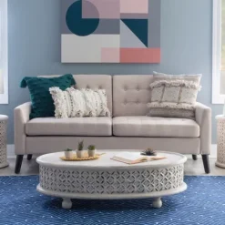 Kirkland's Home Coffee Tables-Carved Lattice Wood Oval Coffee Table