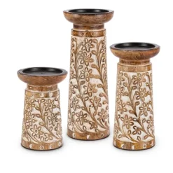 Kirkland's Home Candle Holders-Carved Wood Floral Pillar Candle Holders, Set Of 3