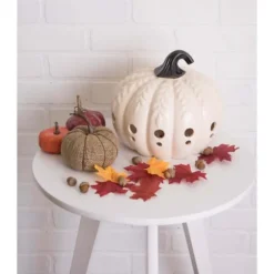 Kirkland's Home Lanterns-Ceramic Leaf Pre-Lit Pumpkin Lantern