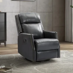 Kirkland's Home Accent Chairs-Charcoal Genuine Leather Swivel Recliner