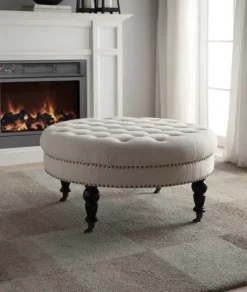 Kirkland's Home Benches & Ottomans-Charlotte Tufted Round Natural Ottoman