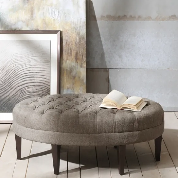 Kirkland's Home Benches & Ottomans-Cory Tufted Beige Linen Ottoman