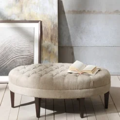 Kirkland's Home Benches & Ottomans-Cory Tufted Natural Linen Ottoman