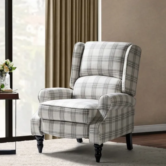 Kirkland's Home Accent Chairs-Cream And Gray Plaid Traditional Recliner