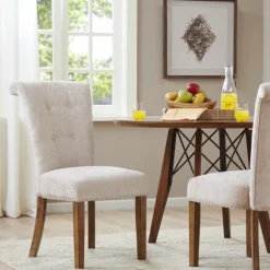 Kirkland's Home Dining Chairs-Cream Linen Rolled Back Dining Chairs, Set Of 2