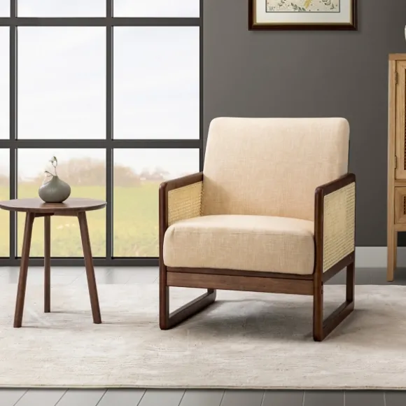 Kirkland's Home Accent Chairs-Cream Mahogany Finish Cane Panel Accent Chair