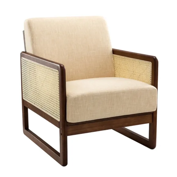 Kirkland's Home Accent Chairs-Cream Mahogany Finish Cane Panel Accent Chair
