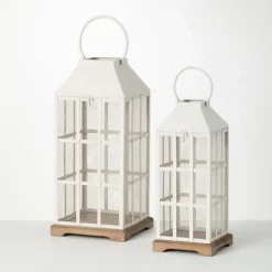 Kirkland's Home Lanterns-Cream Metal Paned Wood Base Lanterns, Set Of 2