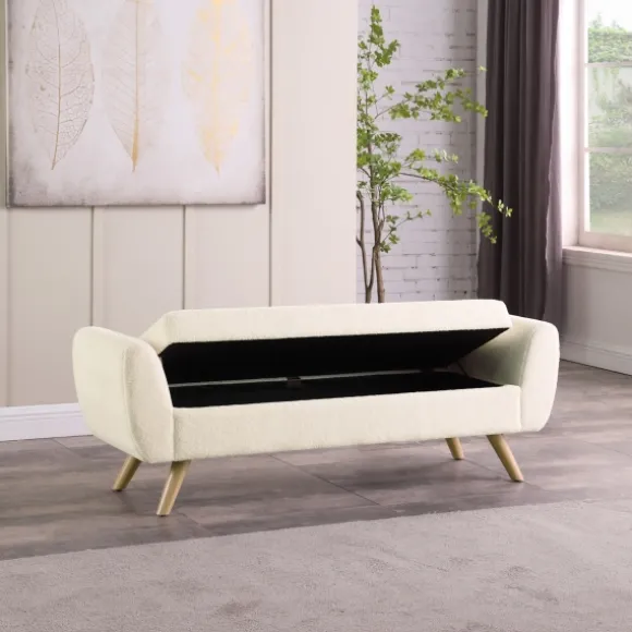 Kirkland's Home Benches & Ottomans-Cream Sherpa And Wood Storage Bench