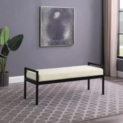 Kirkland's Home Benches & Ottomans-Cream Sherpa Upholstered Metal Bench