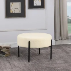 Kirkland's Home Benches & Ottomans-Cream Sherpa Upholstered Metal Ottoman