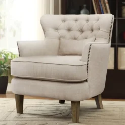 Kirkland's Home Accent Chairs-Cream Tufted Armchair With Lumbar Pillow