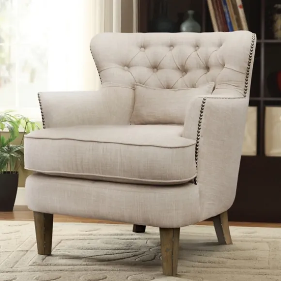 Kirkland's Home Accent Chairs-Cream Tufted Armchair With Lumbar Pillow