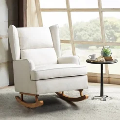 Kirkland's Home Accent Chairs-Cream Upholstered Wingback Rocking Chair