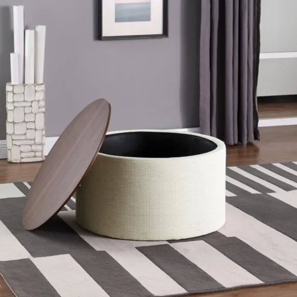 Kirkland's Home Benches & Ottomans-Cream Woven Wood Top Storage Ottoman