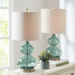 Kirkland's Home Table Lamps-Curved Blue Glass Table Lamps, Set Of 2