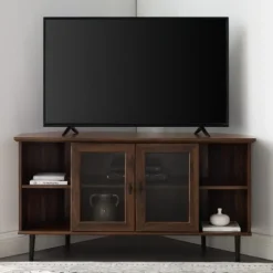 Kirkland's Home Tv Stands & Media Consoles-Dark Walnut Glass Door Corner Tv Stand