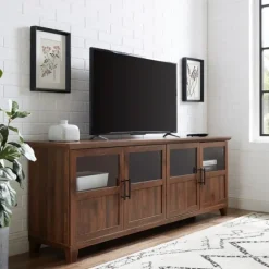 Kirkland's Home Tv Stands & Media Consoles-Dark Walnut Glass Paneled Door Tv Stand