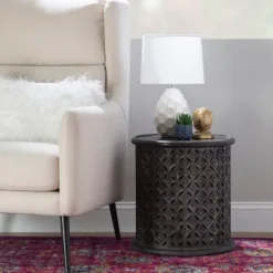 Kirkland's Home Accent & End Tables-Dark Wood Carved Medallion Accent Table
