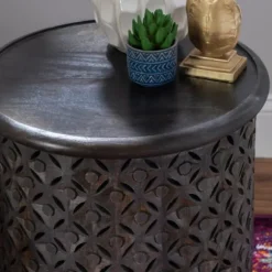 Kirkland's Home Accent & End Tables-Dark Wood Carved Medallion Accent Table