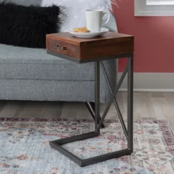 Kirkland's Home Accent & End Tables-Dark Wood Single Drawer C-Frame Accent Table