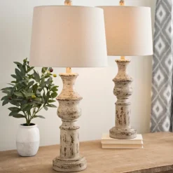 Kirkland's Home Table Lamps-Distressed Cream Table Lamps, Set Of 2