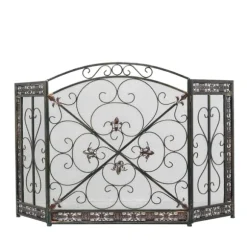 Kirkland's Home Fireplace Accessories-Distressed Fleur De Lis Three-Panel Fire Screen