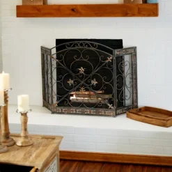 Kirkland's Home Fireplace Accessories-Distressed Fleur De Lis Three-Panel Fire Screen