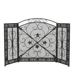 Kirkland's Home Fireplace Accessories-Distressed Fleur De Lis Three-Panel Fire Screen