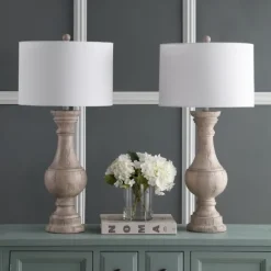 Kirkland's Home Table Lamps-Distressed Ivory Faux Wood Table Lamps, Set Of 2