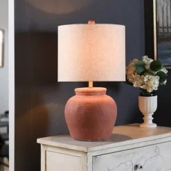 Kirkland's Home Table Lamps-Distressed Terracotta Round Table Lamp