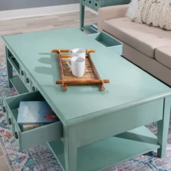 Kirkland's Home Coffee Tables-Distressed Turquoise Wood 3-Drawer Coffee Table