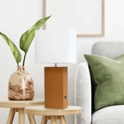 Kirkland's Home Table Lamps-Faux Leather Usb Table Lamp