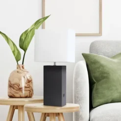 Kirkland's Home Table Lamps-Faux Leather Usb Table Lamp