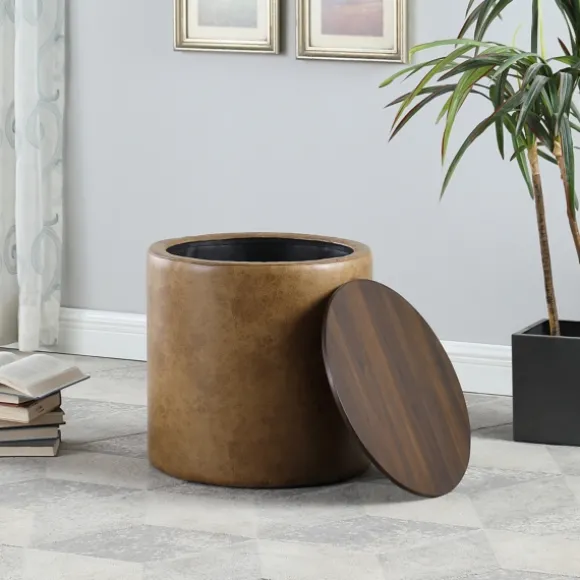 Kirkland's Home Benches & Ottomans-Faux Leather Wood Top Storage Ottoman