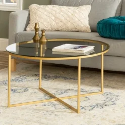 Kirkland's Home Coffee Tables-Glass & Gold X-Base Coffee Table