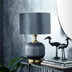Kirkland's Home Table Lamps-Glass Base Round Velvet Shade Table Lamp