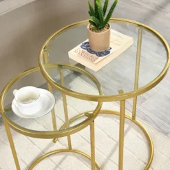 Kirkland's Home Accent & End Tables-Gold Metal And Glass Nesting 2-Pc Accent Table Set